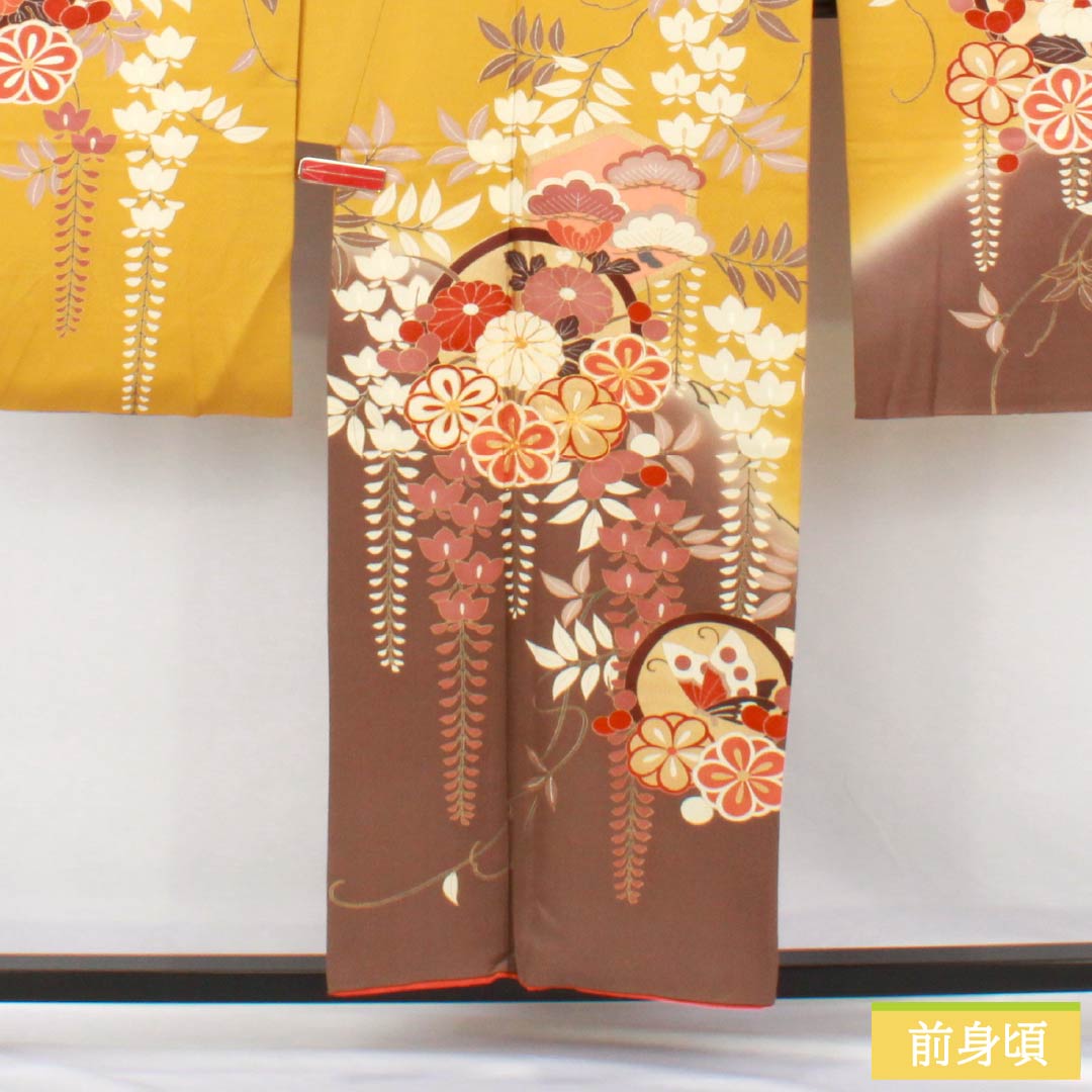 振袖 正絹 Aランク 身丈156.5cm 裄丈63cm 袷 黄土色(おうどいろ) 京友禅 吉祥文様 梅 藤 蝶 黄系 1113002573323