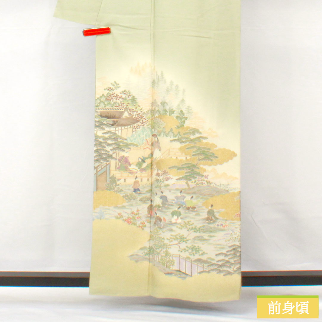色留袖 正絹 身丈159cm 裄丈63cm 袷 薄緑色(うすみどりいろ) 寿光織 風景模様 一つ紋 Sランク 緑系 1111001702319