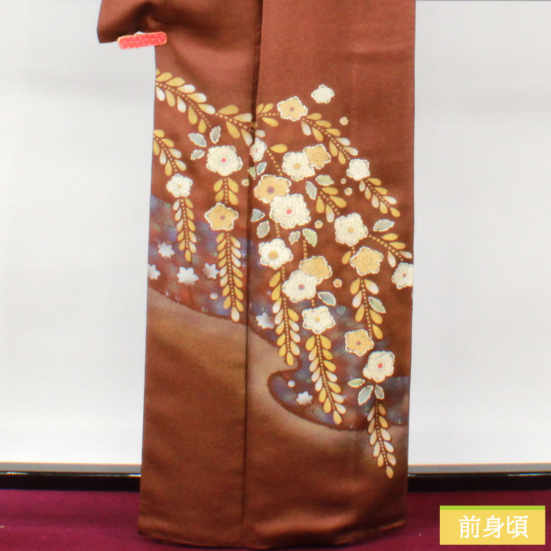 Homongi, pure silk, lined, length 163.5cm, sleeve length 68cm, chestnut color, Tsujigahana, one crest, Nakainkenkatabami, A rank, brown, 1112004913414