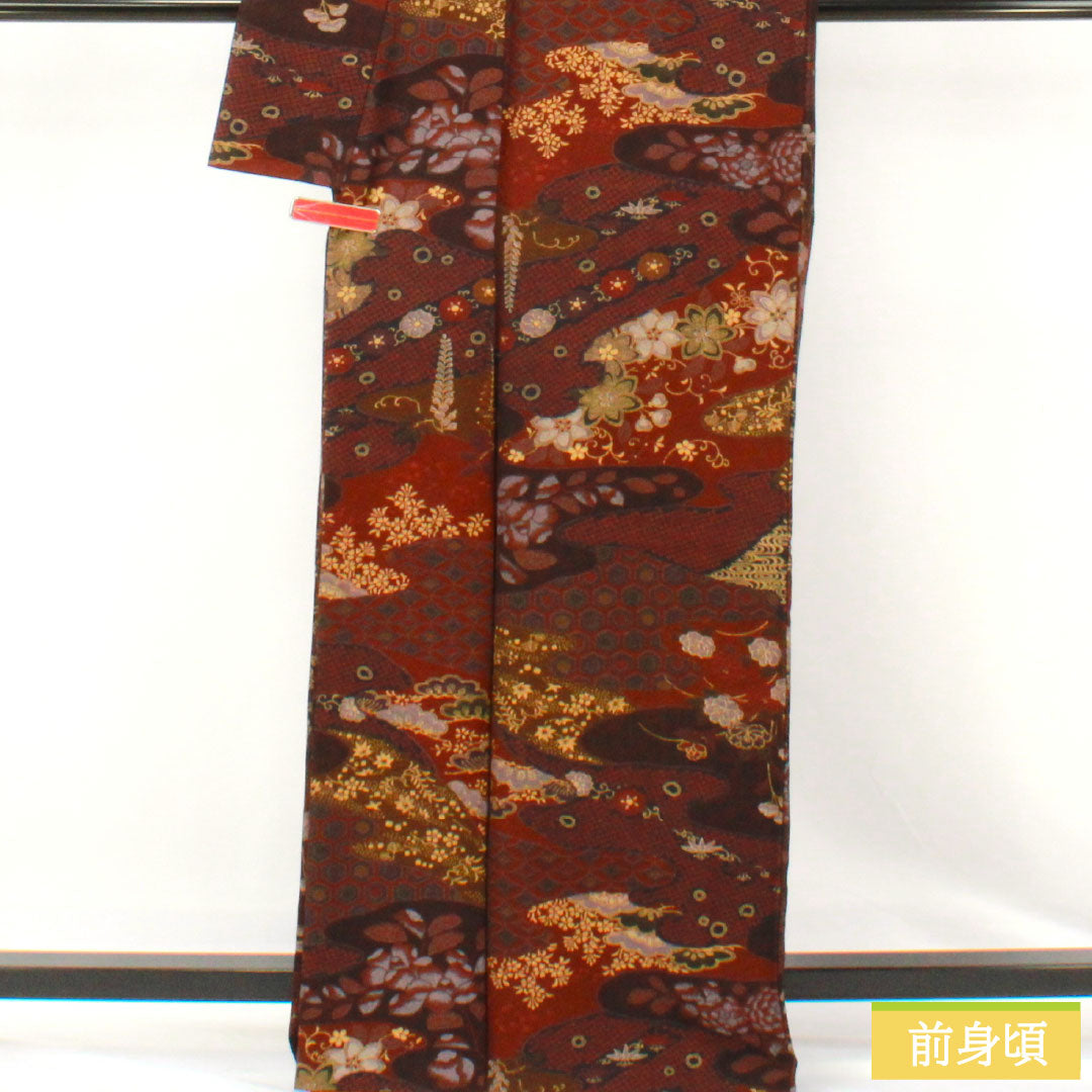 小紋 正絹 Sランク 身丈164.5cm 裄丈64.5cm 袷 小豆茶色(あずきちゃいろ) 辻ヶ花 ザ・スーパーシルク スコッチガード加工 茶系 1115007632414