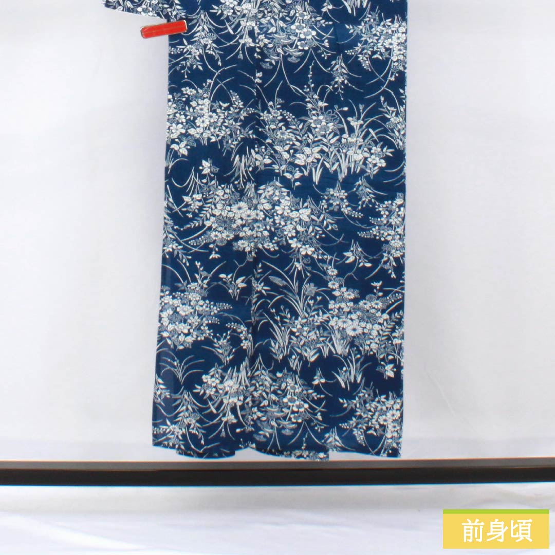 Cotton Yukata (Japanese summer kimono), Length 149cm, Sleeve Length 63.5cm, S Rank, Navy Blue with Indigo and Bellflower Pattern, Cotton Ro, All-over Floral Pattern, Product Number: 1118006352118