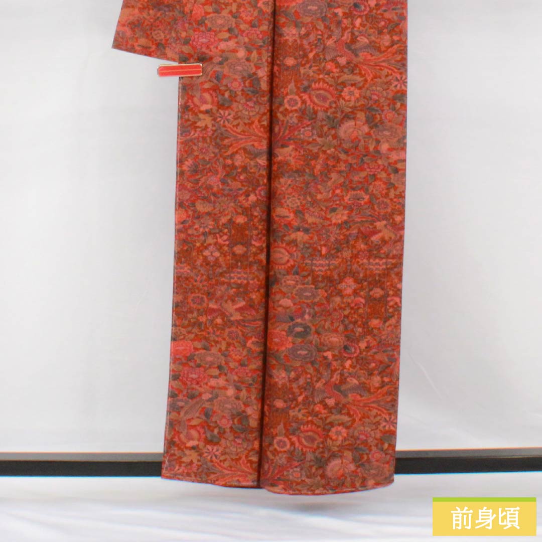 Komon, pure silk, length 159.5cm, sleeve length 64cm, lined, scarlet brown, stencil dyeing, chintz pattern, with basting thread, S rank, brown, 1115005012314