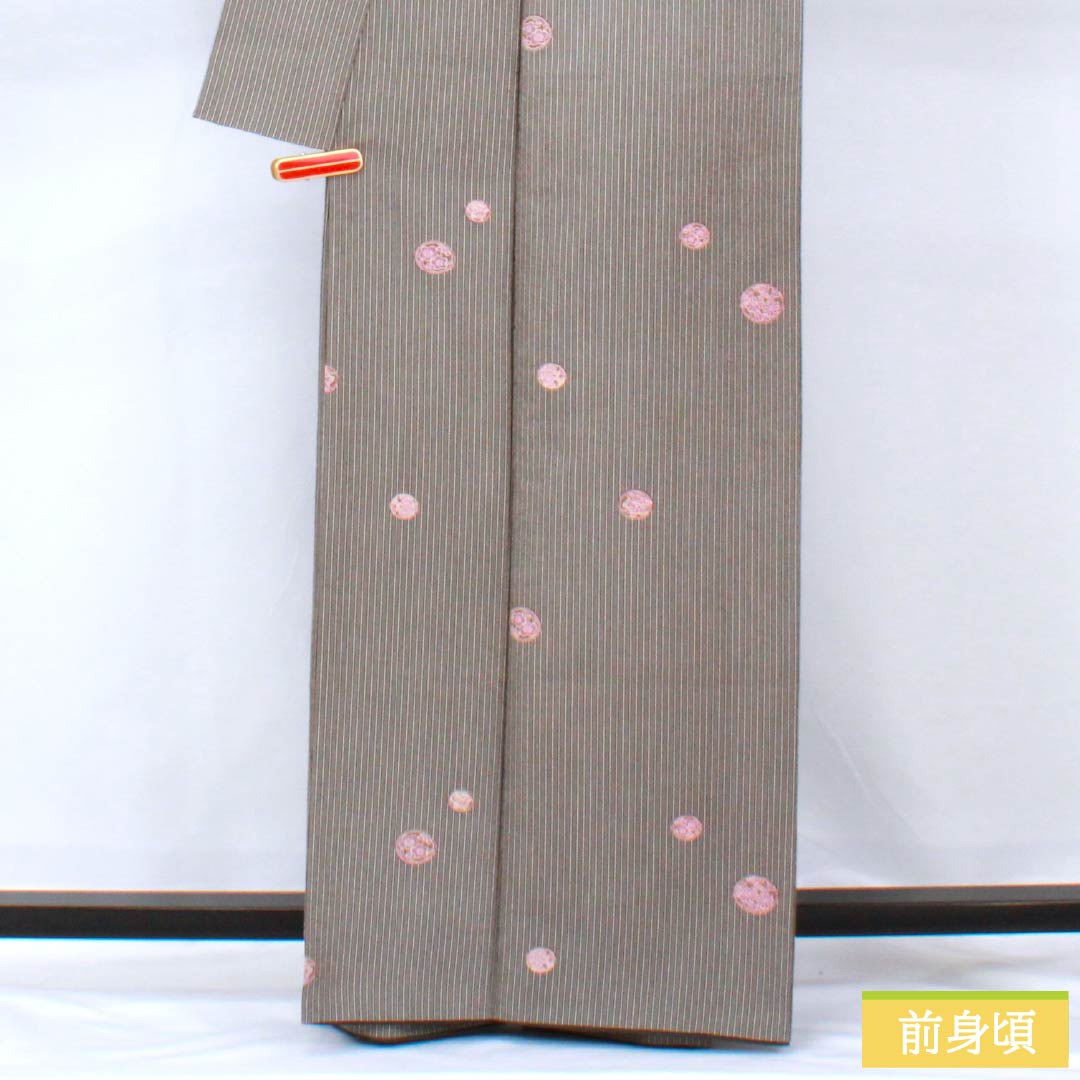 Komon (small pattern) kimono, polyester, length 163.5cm, sleeve length 65.5cm, lined, black-gray (kuronezui) with stripes and floral print, washable, rank A, black, product number 1115006023410