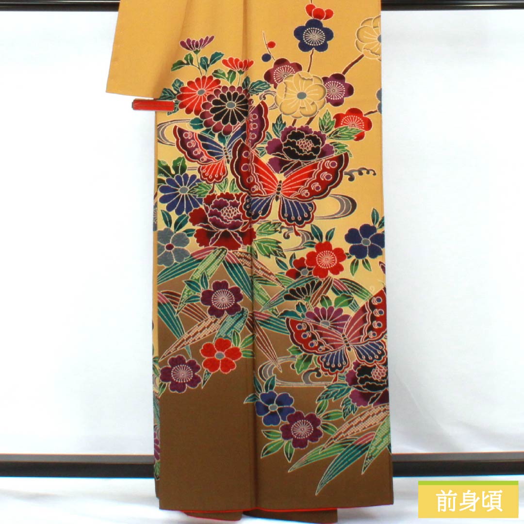訪問着 正絹 Aランク 袷 身丈161cm 裄丈66.5cm 枇杷茶色(びわちゃいろ) 京紅型 草花 黄系 1112006473423