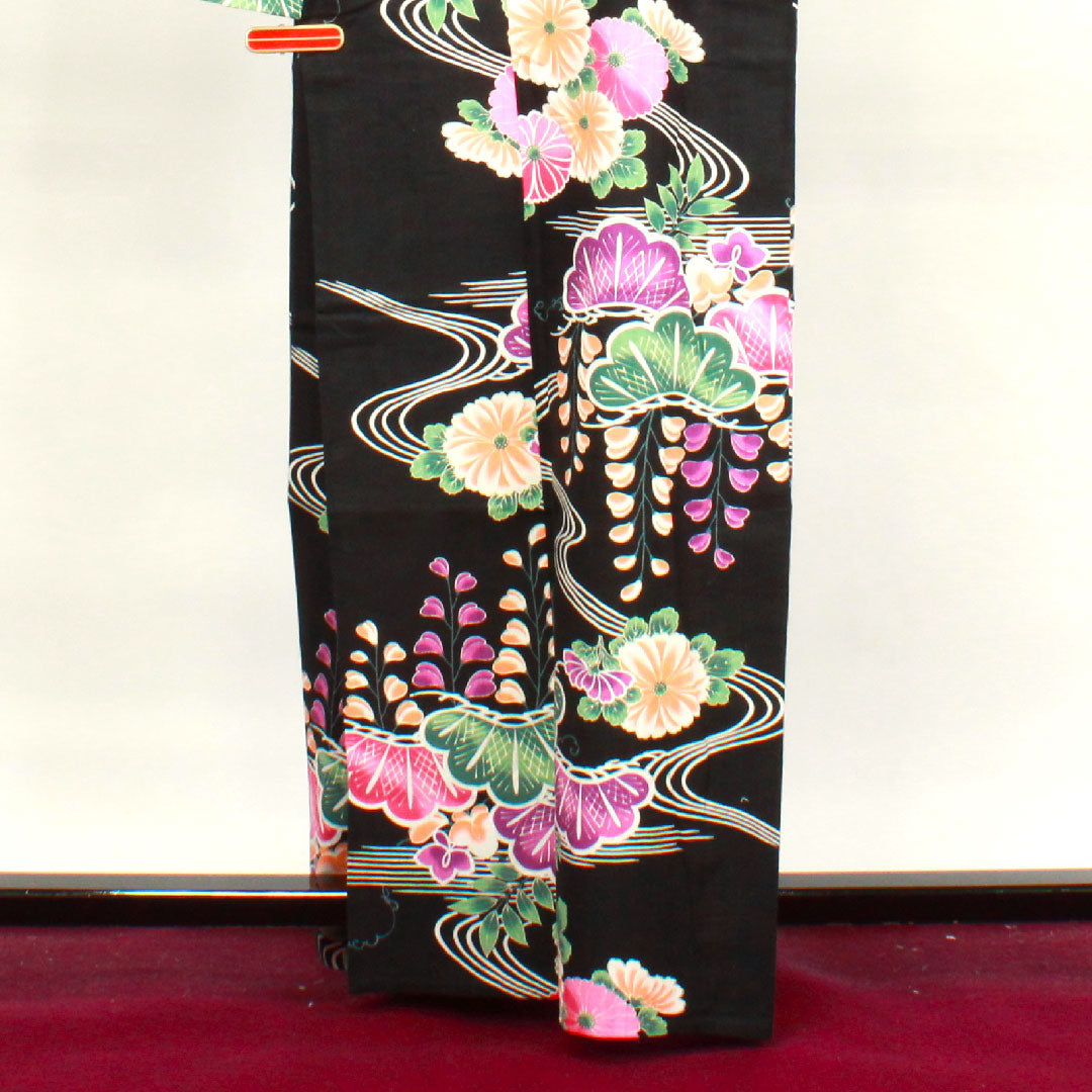 浴衣 松 菊 藤 流水 木綿 Sランク 単衣 身丈165cm 裄丈66.5cm 黒系 1118003932510