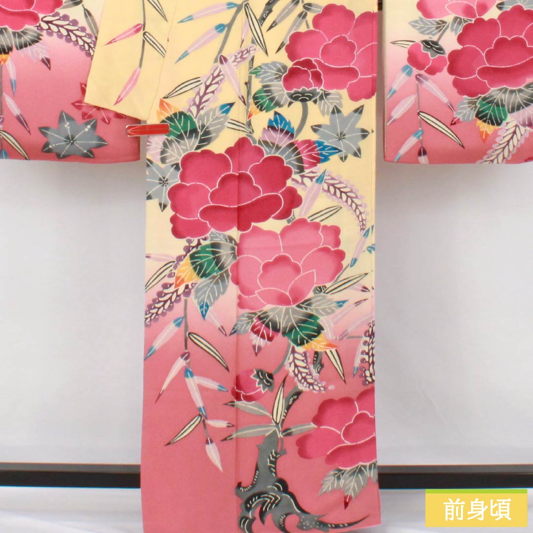 振袖 正絹 Aランク 身丈161cm 裄丈62.5cm 袷 薄柑子色(うすこうじいろ) 京紅型 牡丹 藤 ちりめん地 橙系 1113002403426