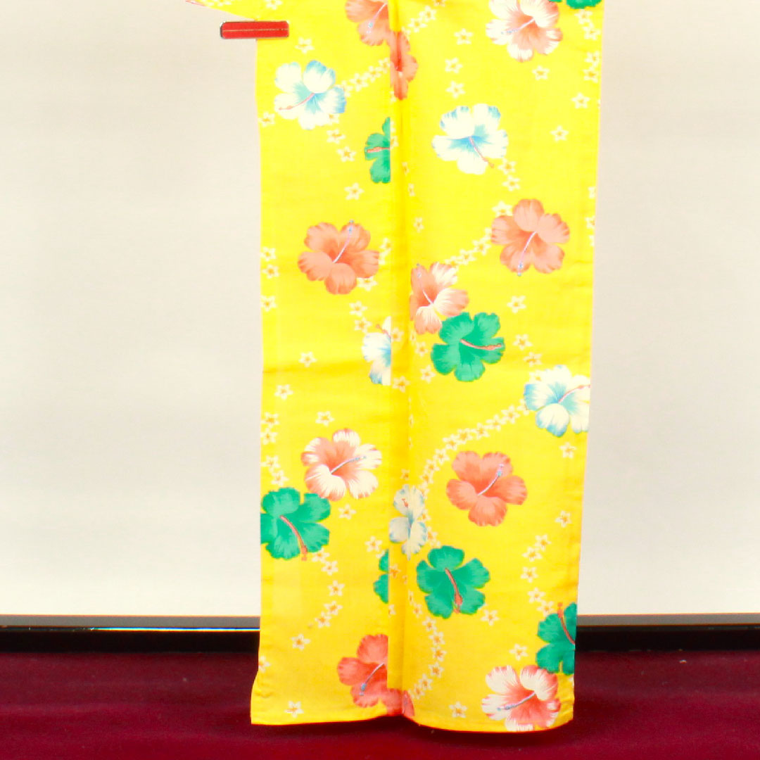 Yukata with basting thread, unused, sunflower color, hibiscus, cotton, S rank, single layer, length 164cm, sleeve length 64.5cm, yellow, 1118002732423