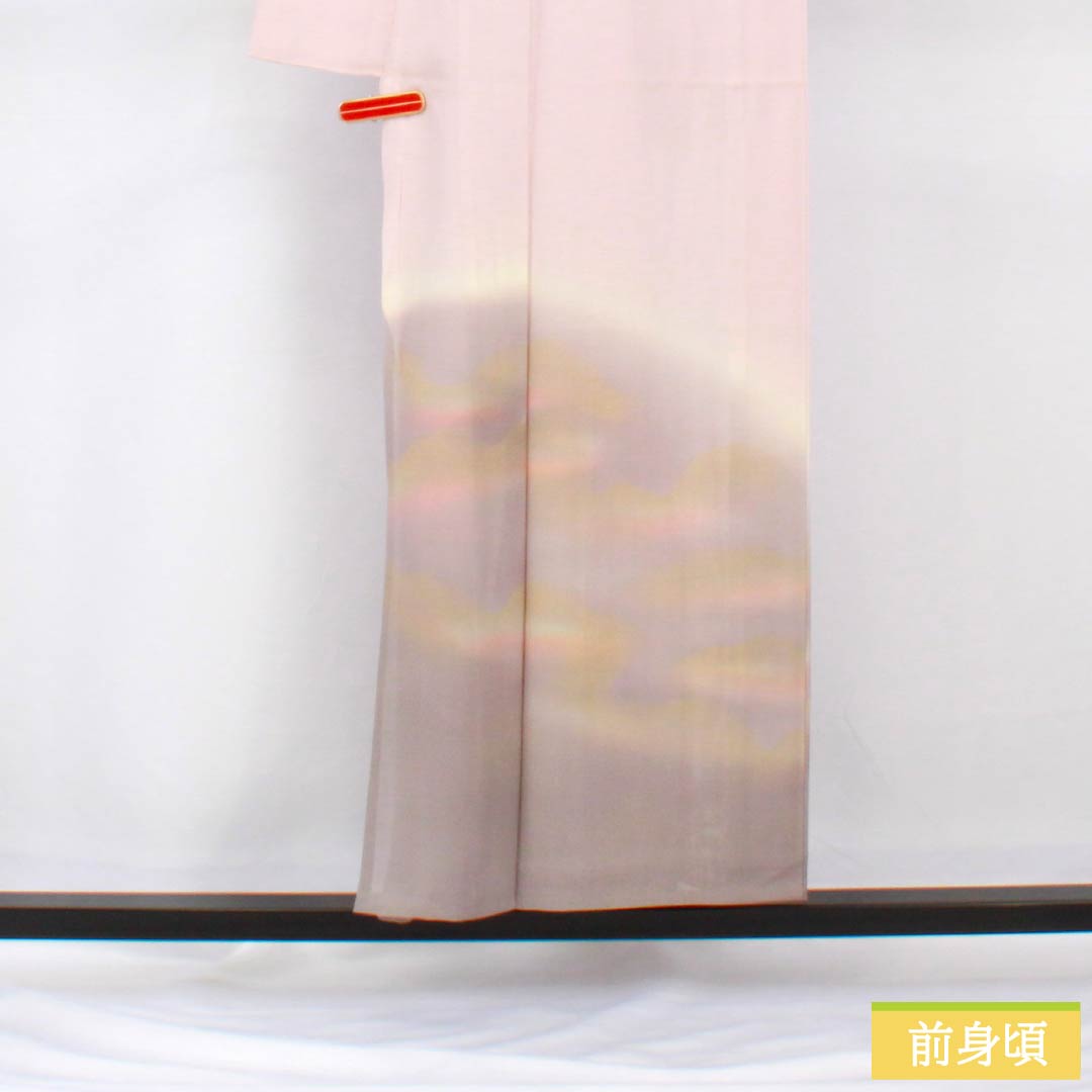 Summer pure silk formal kimono, length 153cm, sleeve length 61.5cm, cherry blossom color, Kyoto Yuzen, one crest, circle with tangerines, silk, B rank, pink, 1132002194213