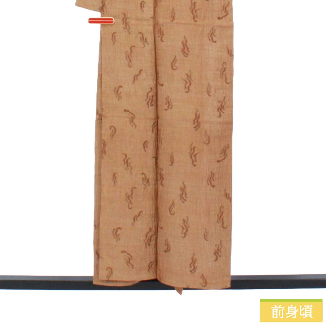夏物 麻 紬 Sランク 身丈153.5cm 裄丈62cm 薄茶色(うすちゃいろ) 小千谷縮 抽象模様 紗 茶系 1132003792214