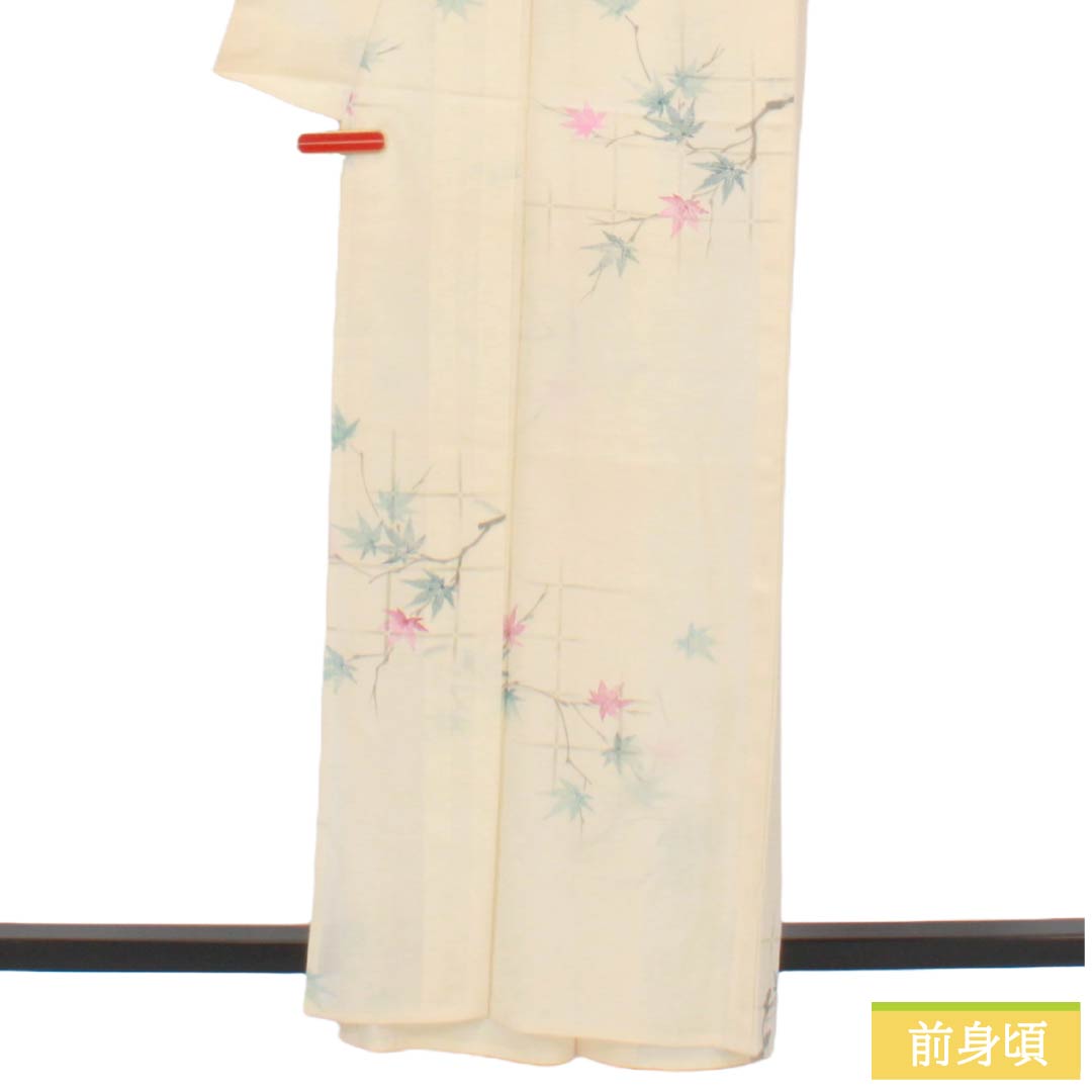 夏物 正絹 小紋 Sランク 身丈163.5cm 裄丈63.5cm 練色(ねりいろ) 紅葉 竹垣 絽 クリーム系 1132004722415