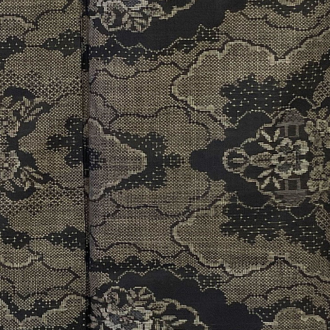 Oshima Tsumugi, Length 159cm, Sleeve length 66cm, Warp and weft kasuri, 9 marks, Clouds and flowers, Pure silk, S rank, Lined, Black, 1116001322310