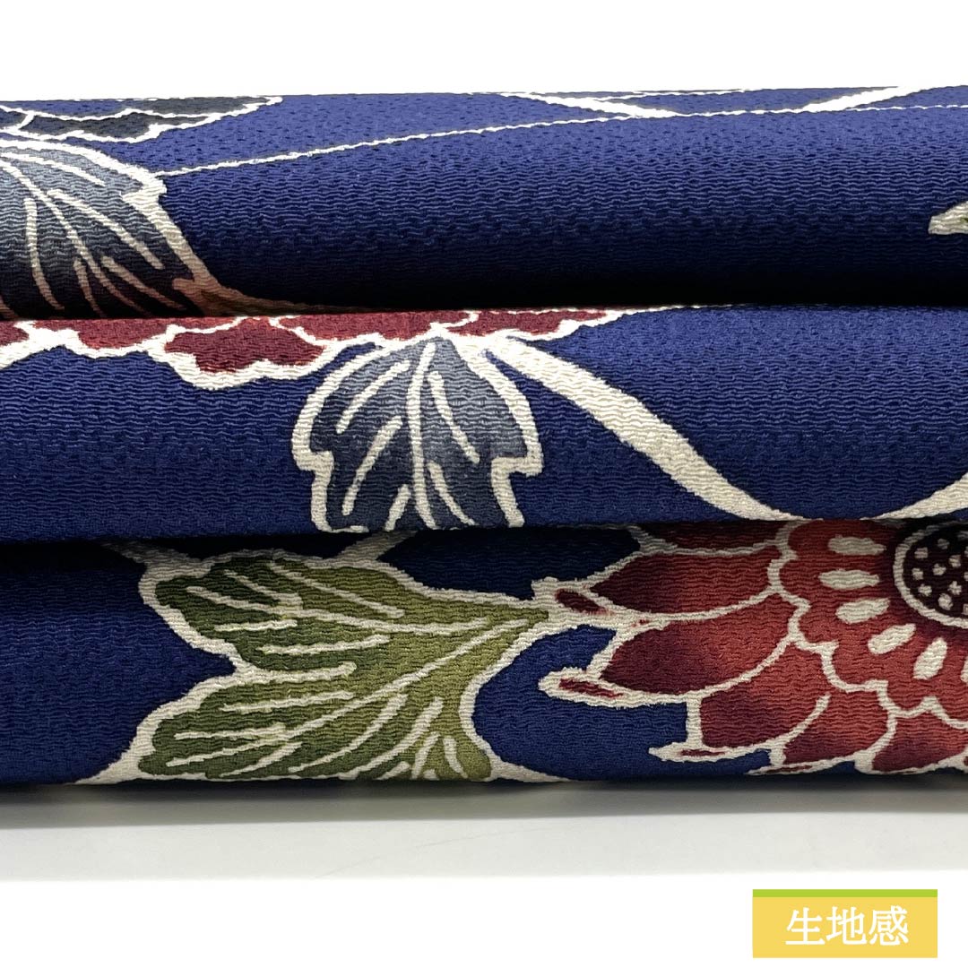 名古屋帯 紺瑠璃色(こんるりいろ) 型染 ちりめん地 斜め格子 帯丈364cm 正絹 Cランク 全通 カジュアル 紺系 1124007865318 名古屋仕立て