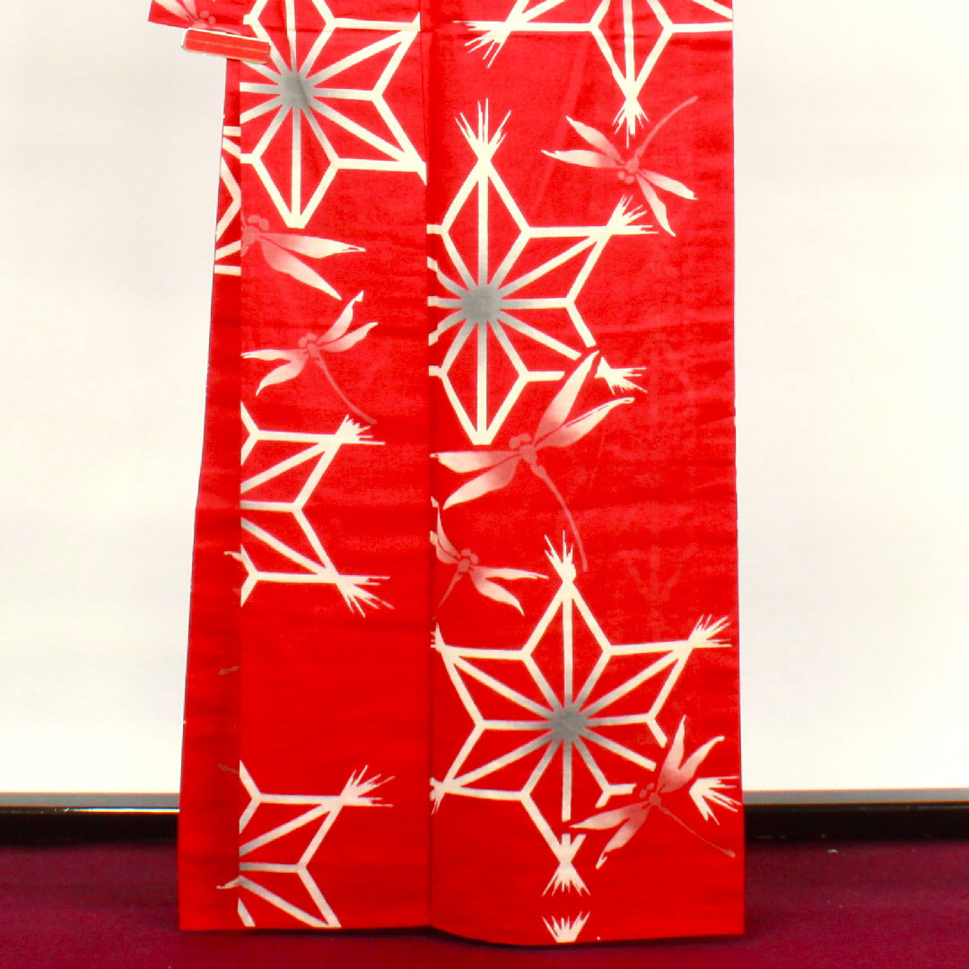 Yukata with basting thread, unused, western crimson, dragonfly, cotton, S rank, single layer, length 165cm, sleeve length 68cm, red, 1118002152512