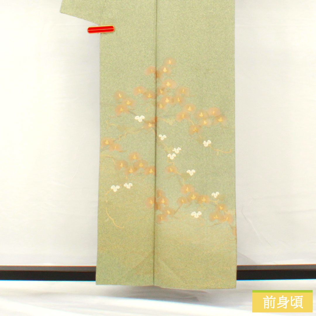 訪問着 正絹 袷 身丈155cm 裄丈62cm 裏葉色(うらはいろ) 京友禅 タタキ染 草花模様 作家物 Aランク 緑系 1112005413319