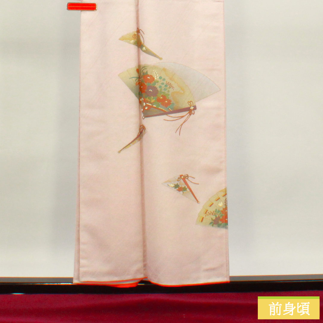 訪問着 ポリエステル 袷 身丈159cm 裄丈63cm 桜色(さくらいろ) 洗える着物 扇 半衿付き Sランク ピンク系 1112004382313