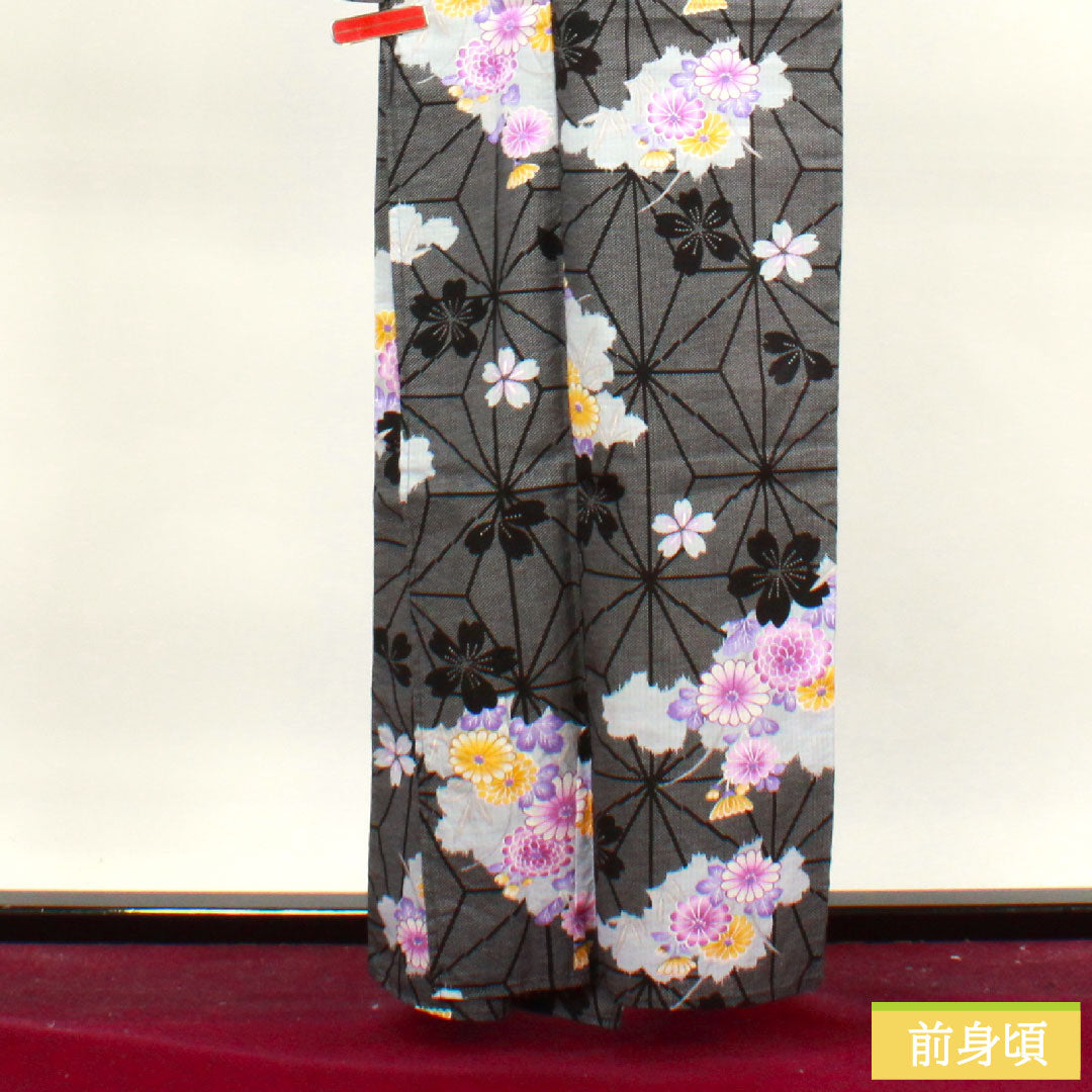 Yukata Cotton Length 160cm Sleeve length 64cm S rank Single layer Black Hemp leaf Chrysanthemum Cherry blossom 1118004532410