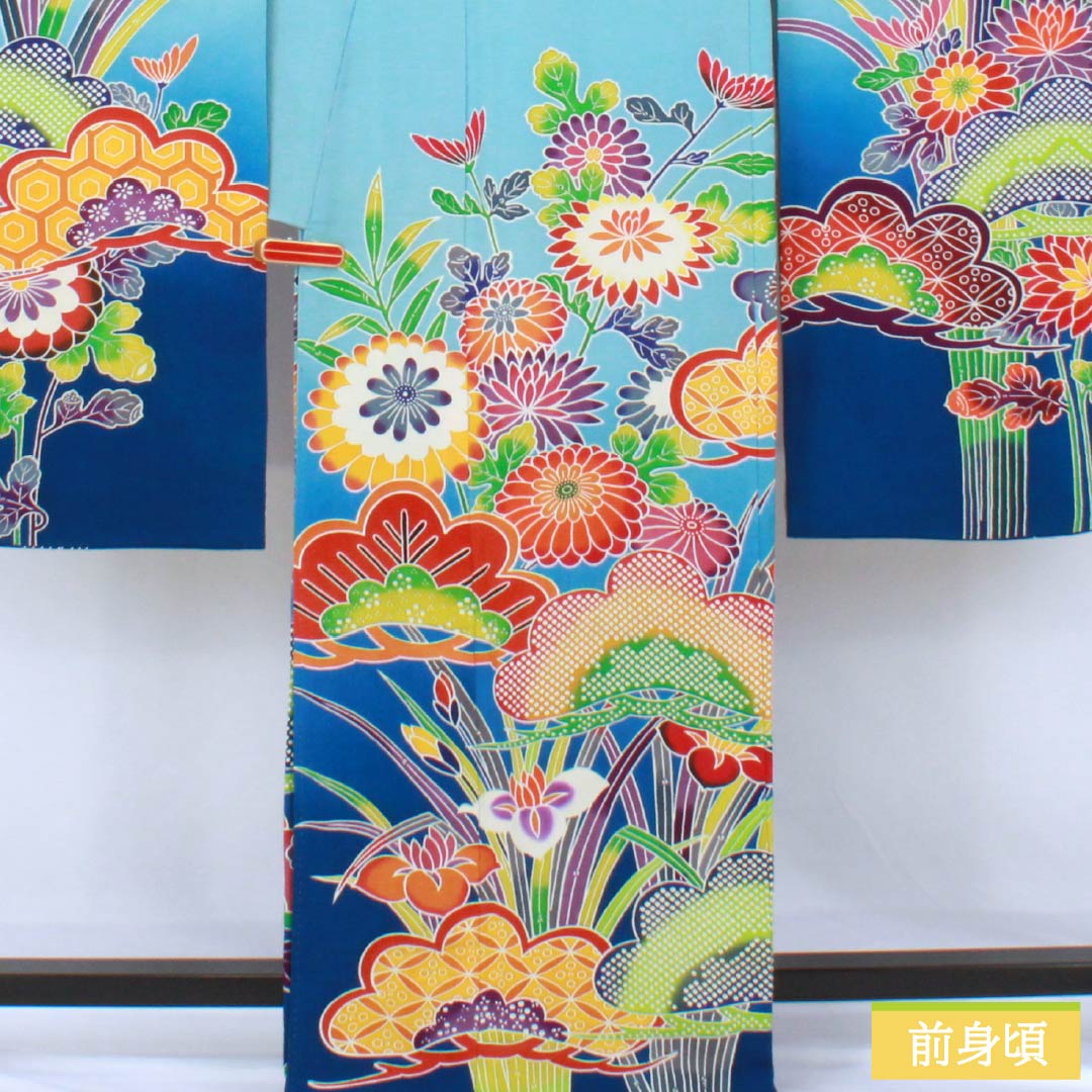 A-rank pure silk furisode kimono (long-sleeved kimono), length 166.5cm, sleeve length 64.5cm, lined, light blue, Kyoto Bingata crepe fabric, auspicious plum and pine motifs, light blue, product number 1113002543524