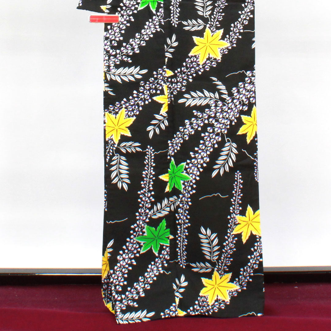 浴衣 藤 紅葉 木綿 Sランク 単衣 身丈166.5cm 裄丈64cm 黒系 1118003162510