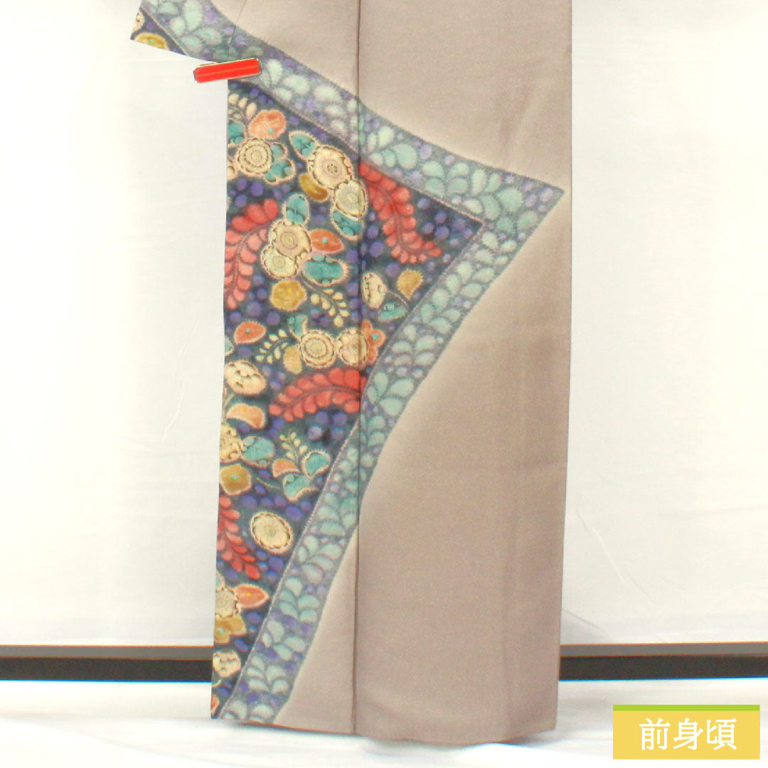 Homongi (formal kimono) made of pure silk, lined, length 159.5cm, sleeve length 64.5cm, purple-gray, Tsujigahana pattern, gold thread, A-rank, gray, 1112005063322