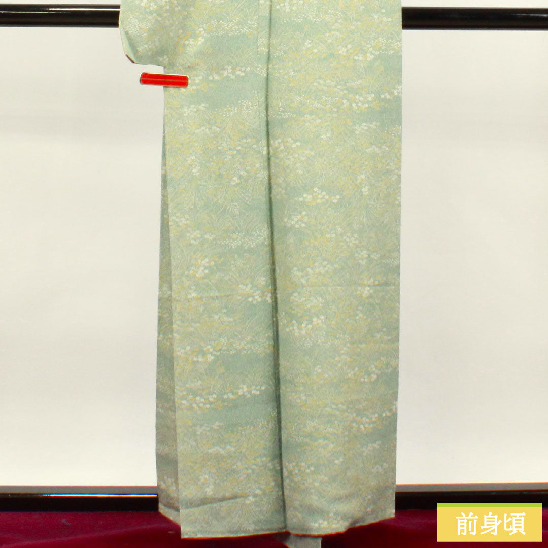 小紋 正絹 身丈158cm 裄丈61.5cm 袷 裏葉色 草花模様 しつけ糸付き 未使用品 Sランク 緑系 1115003612319