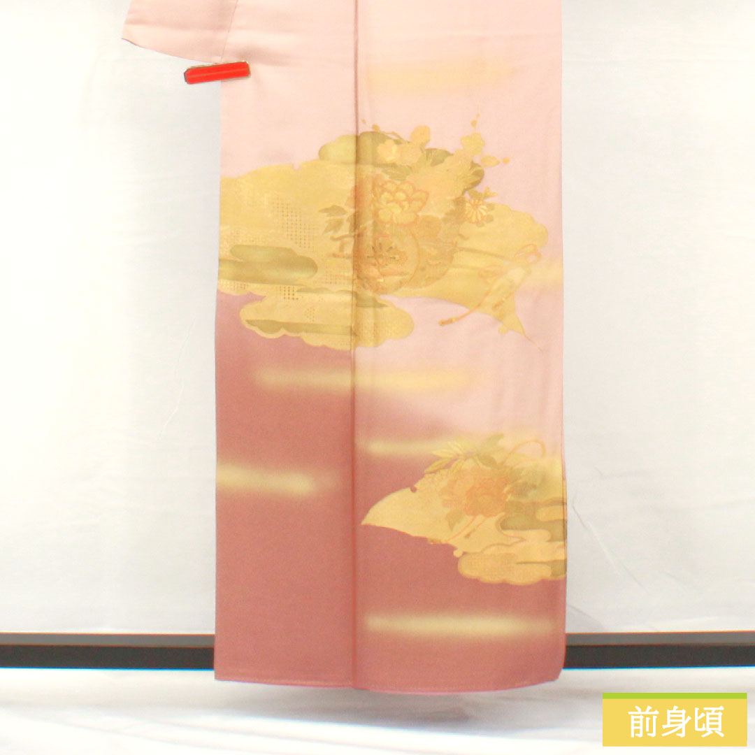 Homongi, pure silk, lined, length 156.5cm, sleeve length 62.5cm, modern colors, Kyoto Yuzen, Shantou embroidery, flower cart, S rank, pink, 1112004942313