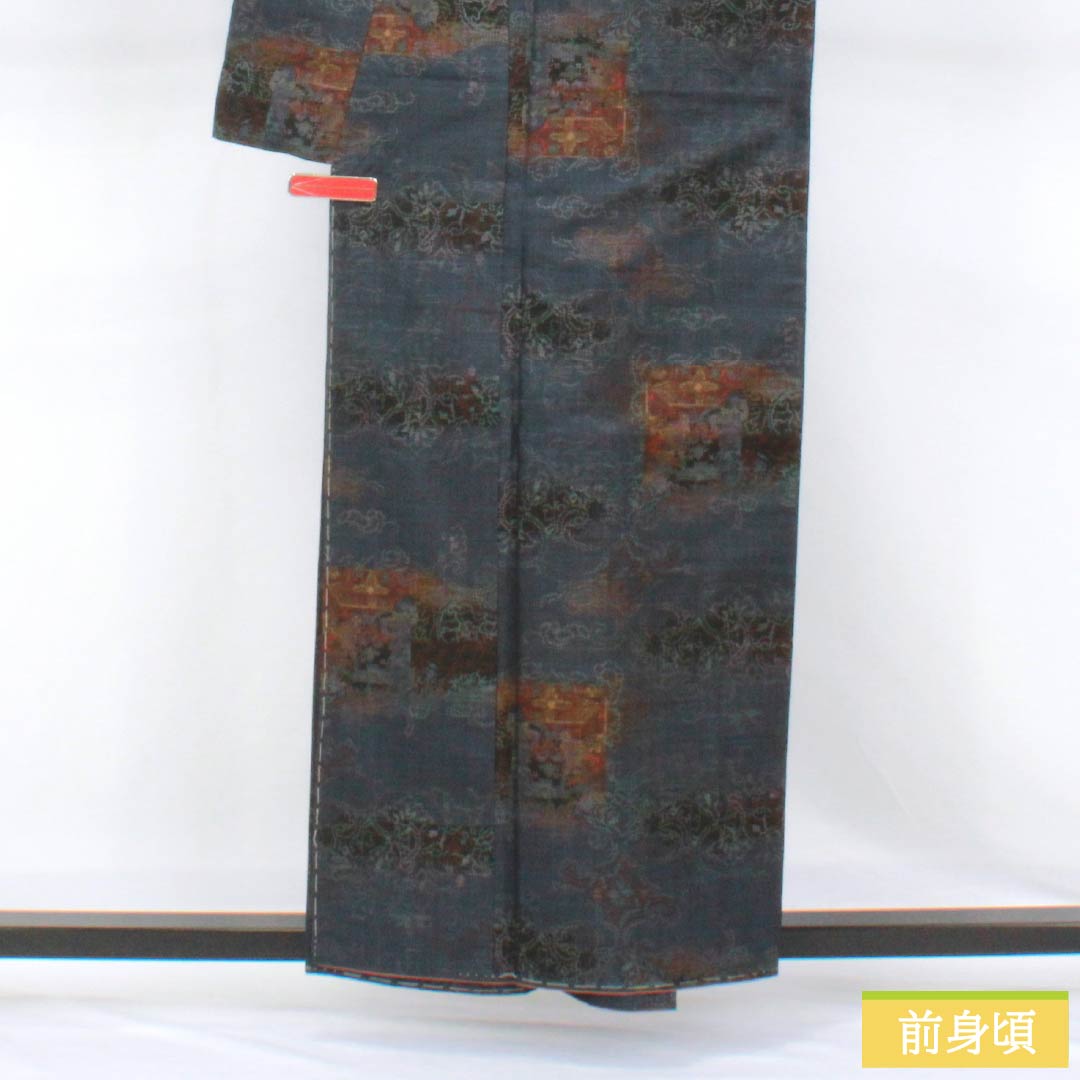 紬 正絹 Sランク 身丈157cm 裄丈65.5cm 燻色(ふすべいろ) 大島紬 一元絣 抽象模様 袷 紺系 1116004782318