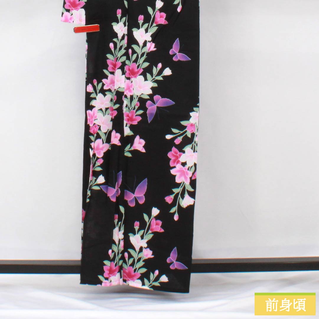 Cotton Yukata, Length 163cm, Sleeve Length 64cm, S Rank, Single Layer, Black, Iron Wire, Butterfly Design, 1118006082410