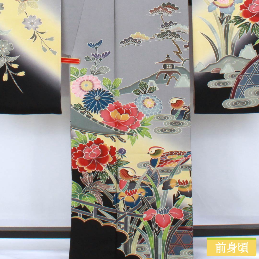 振袖 正絹 Aランク 身丈166cm 裄丈68cm 袷 錫色(すずいろ) 京紅型 宮崎染工 作家物 吉祥文様 鴛鴦 グレー系 1113002503522