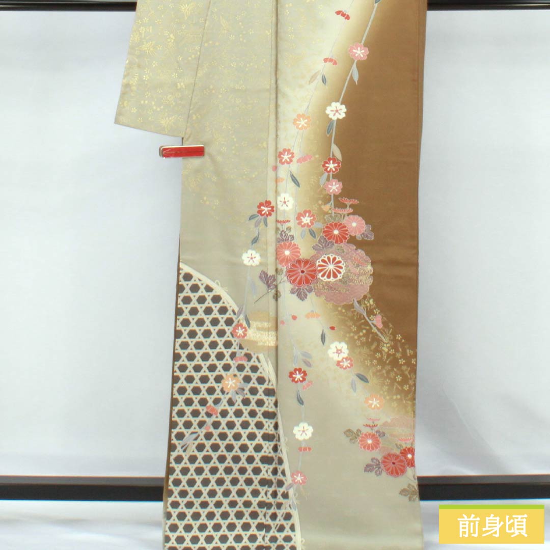 訪問着 正絹 Sランク 袷 身丈169cm 裄丈68cm 糞色(ばばいろ) 京友禅 竹垣 花 橙系 1112006492526