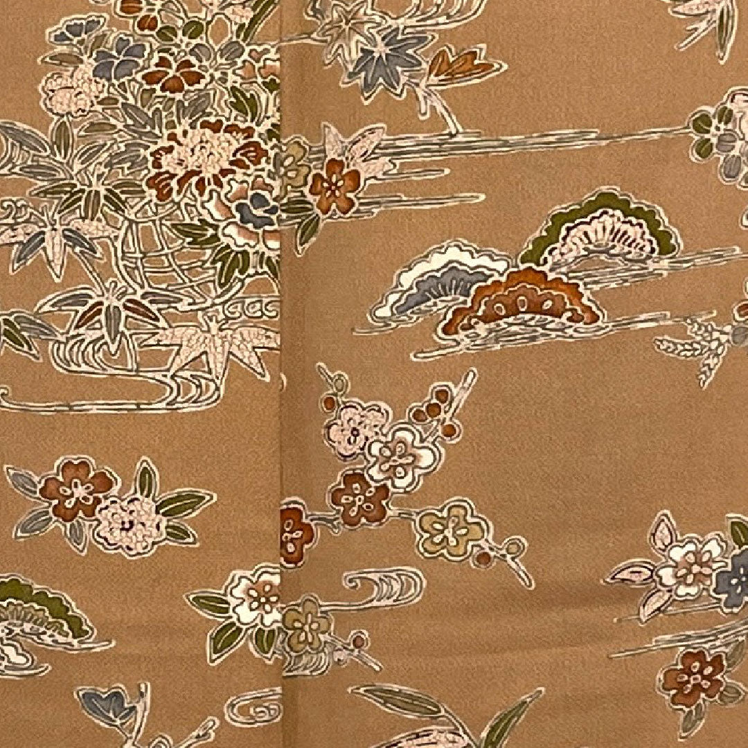 小紋 身丈154cm 裄丈61.5cm 袷 松竹梅 花籠 帛紗付き 正絹 Sランク 茶系 1115002042214