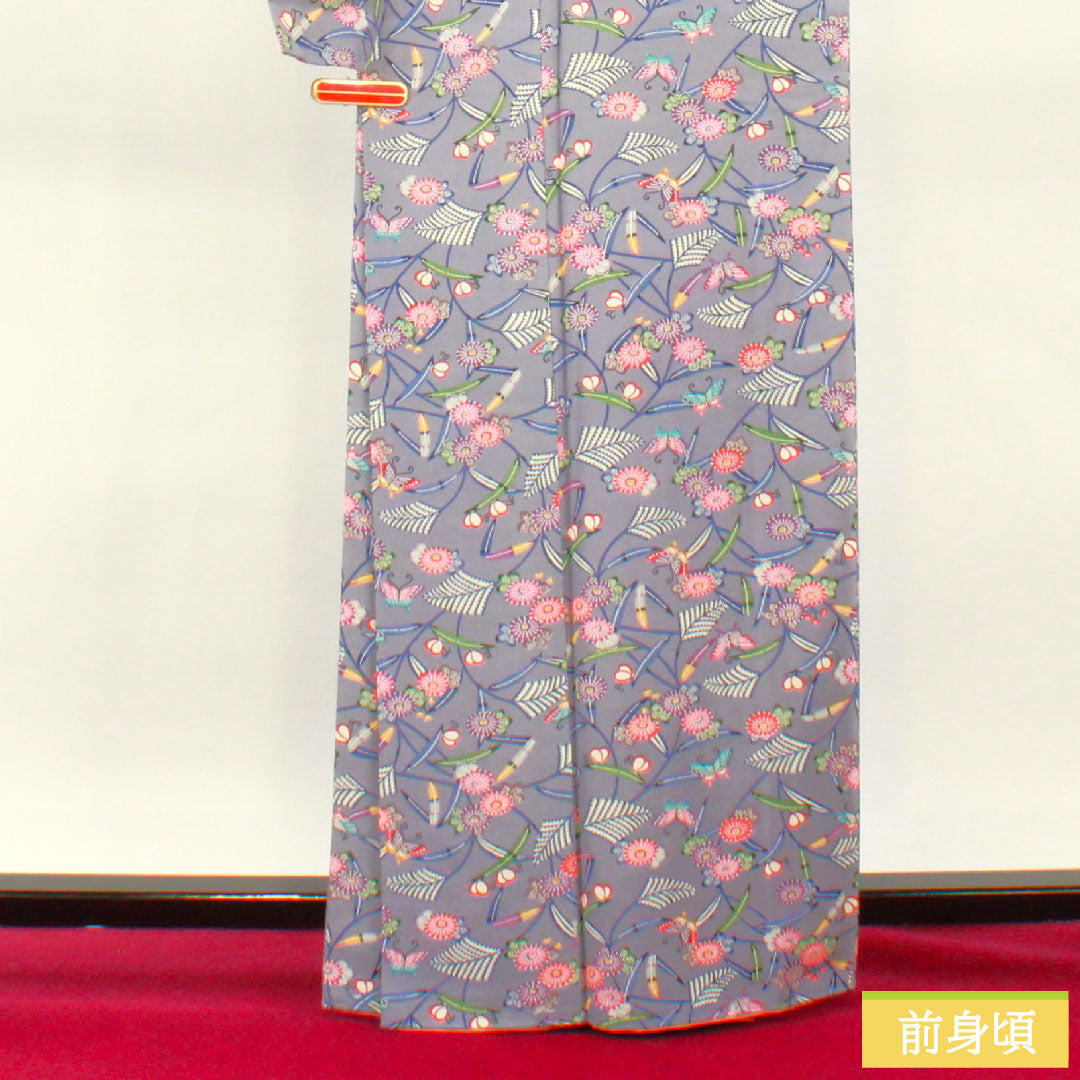 小紋 正絹 身丈164cm 裄丈65cm 袷 つるば鼠色(つるばねずいろ) 京紅型 吉祥文様 Sランク グレー系 1115004442422