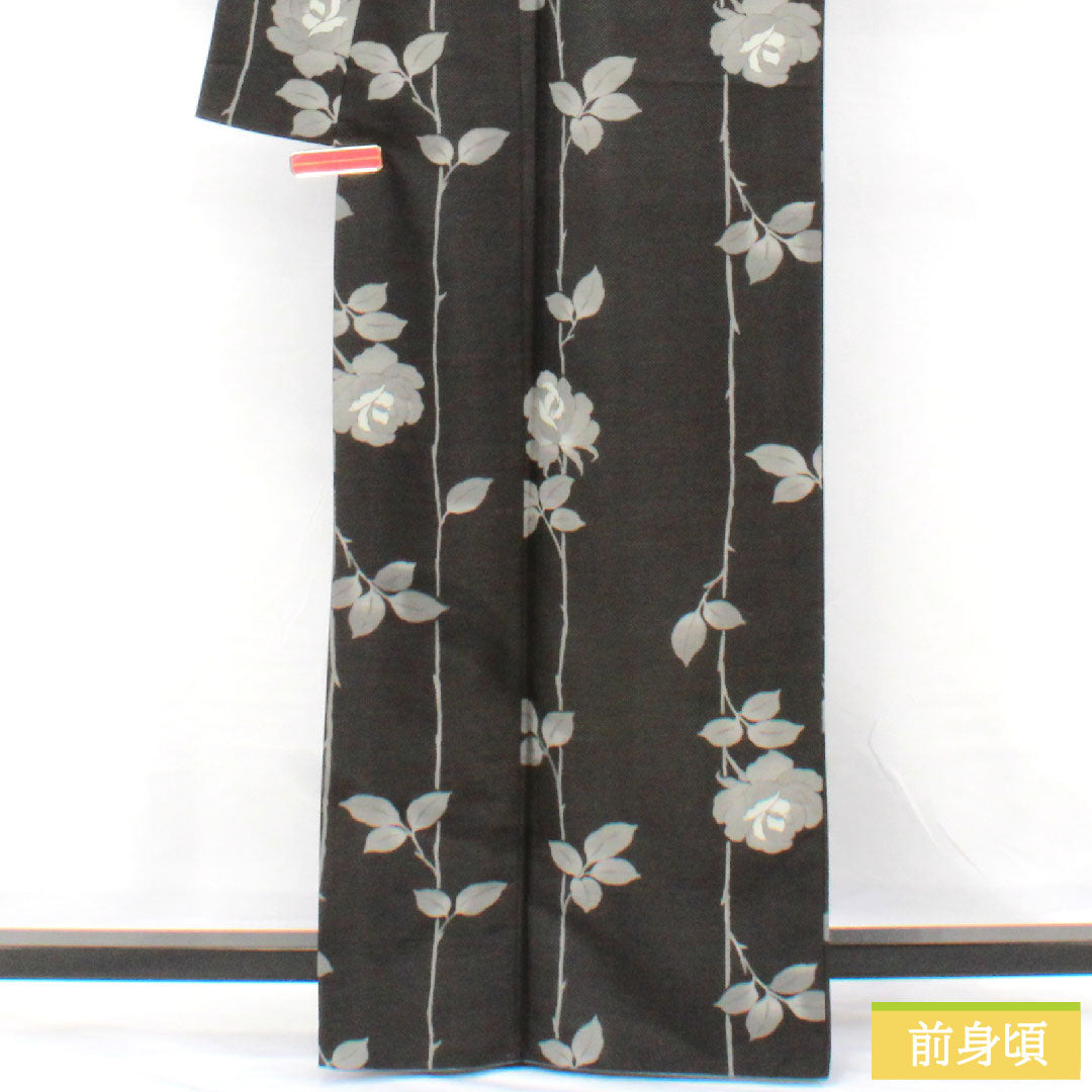 小紋 ポリエステル 身丈163.5cm 裄丈66.5cm 袷 墨黒色(すみぐろいろ) 洗える着物 バラ Sランク 黒系 1115004942410