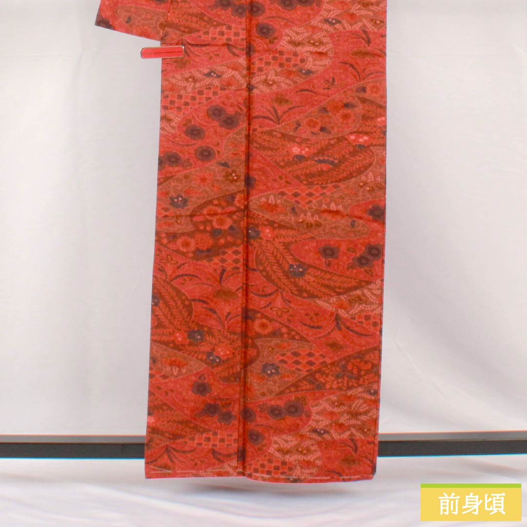 Komon, pure silk, length 161cm, sleeve length 67cm, lined, deep maple leaf color (koimomijiiro), Tsujigahana, with basting thread, S rank, vermilion, 1115005302416
