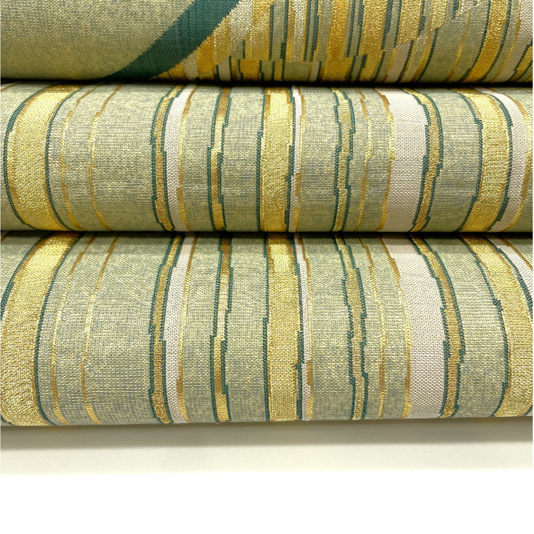 Fukuro Obi with Nuihaku, Geometric Pattern, Length 444cm, Pure Silk, S Rank, Six-way, Semi-formal, Green, 1123004452319