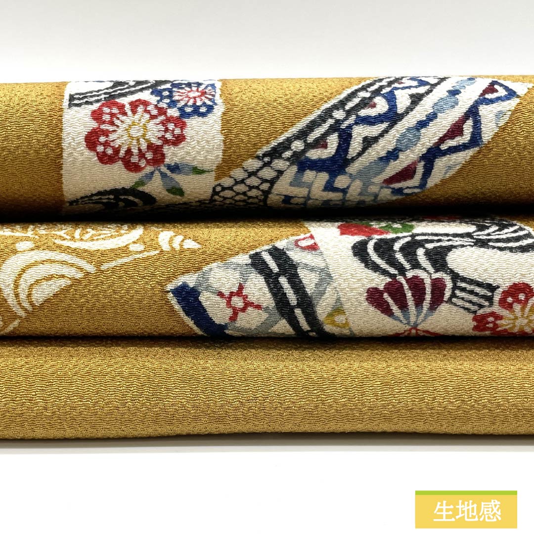 Nagoya obi, earthen cloth color (Toupusu color), Kyoto Bingata, crepe fabric, noshi, obi length 369cm, pure silk, S rank, point pattern, casual, yellow, 1124007972323, Nagoya style