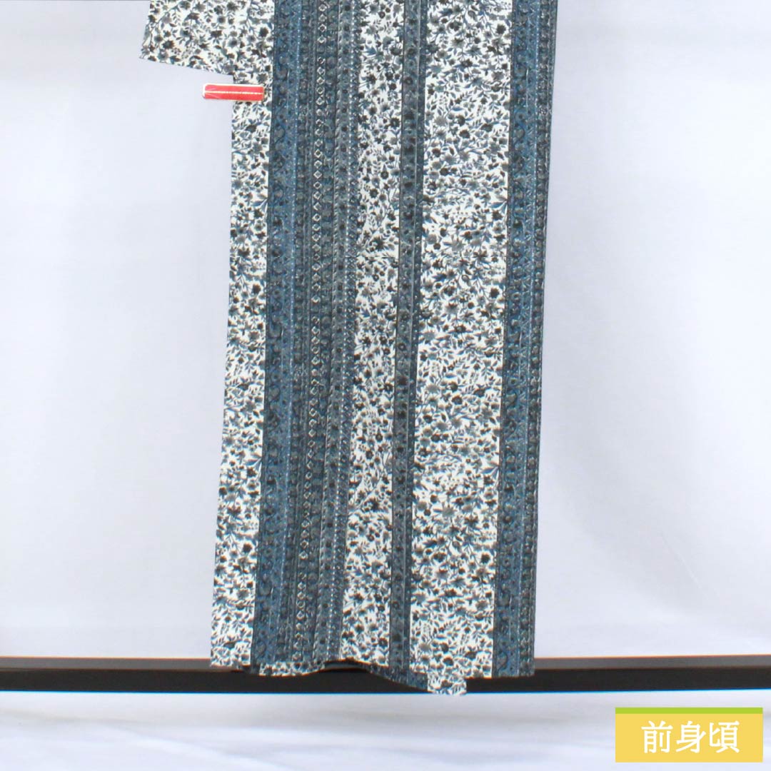 小紋 ポリエステル Aランク 身丈152.5cm 裄丈64cm 単衣 型染 更紗 洗える着物 白系 1115008033211