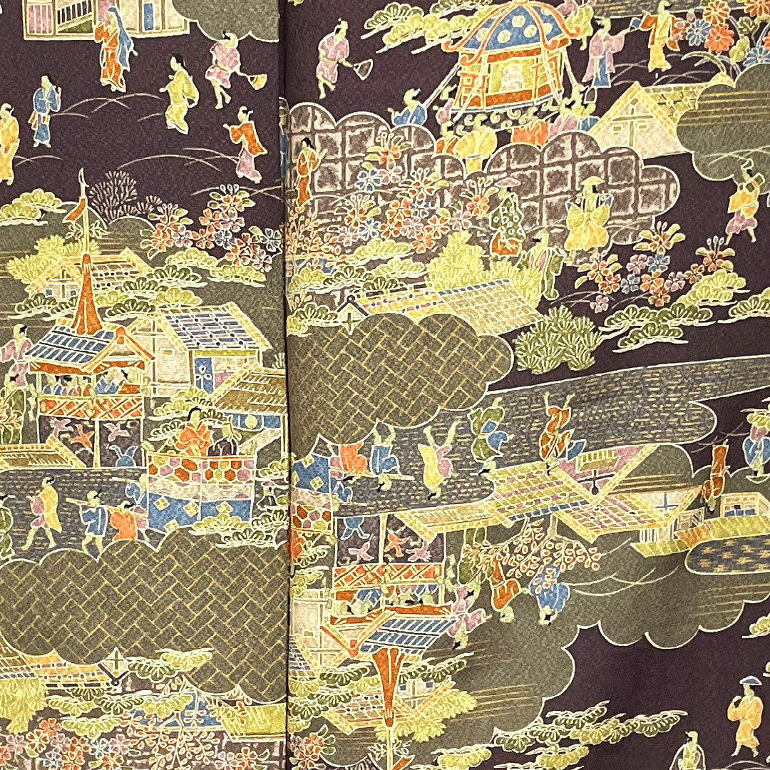 小紋 身丈153.5cm 裄丈65cm 袷 紫烏色 時代人物風景模様 正絹 Sランク 紫系 1115002322220