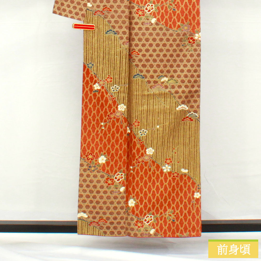 Homongi, pure silk, lined, length 157cm, sleeve length 63.5cm, Kyoto Yuzen, pine, bamboo and plum, S rank, brown, 1112005482314