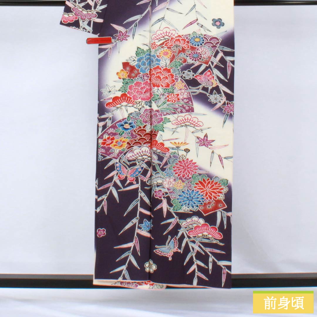 Homongi Silk A Rank Awase 155.5cm Length 62cm Sleeve-to-sleeve Deep Purple Kyo-Bingata Pine, Bamboo, Plum, Butterfly, Fan, Chrysanthemum Purple System 1112006403320