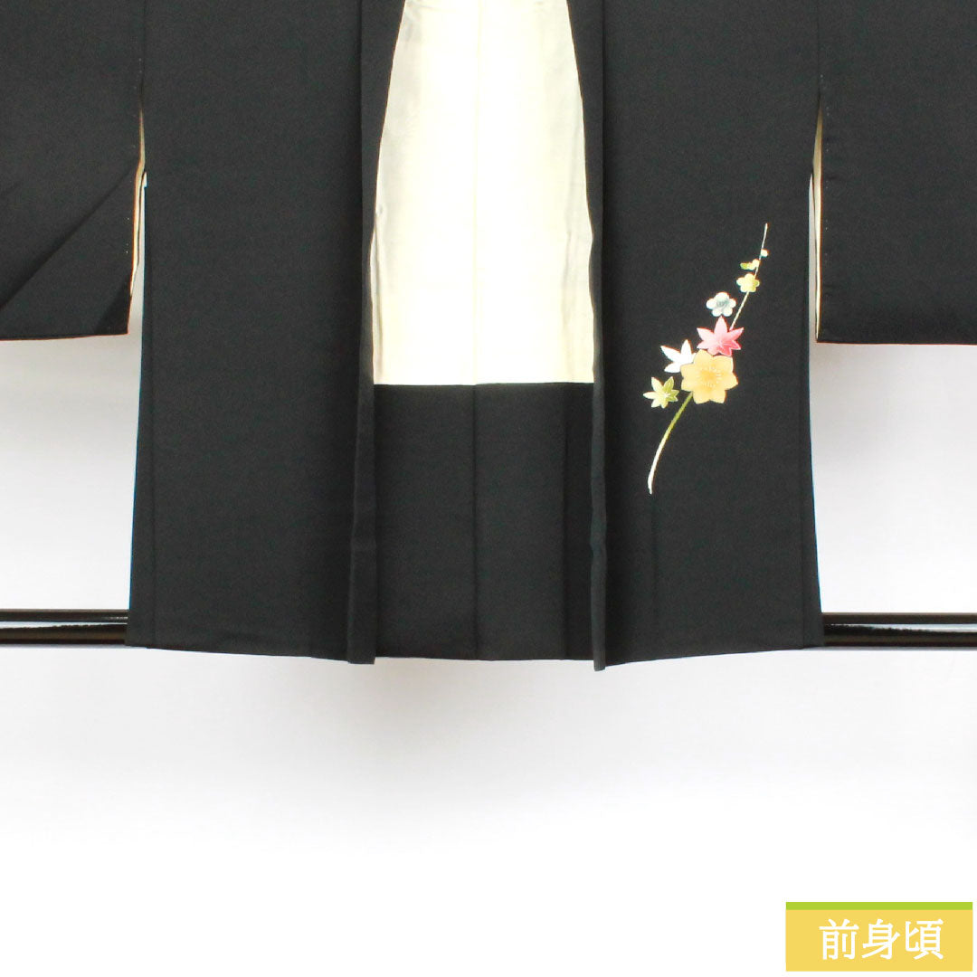 Haori, pure silk, length 78cm, sleeve length 64cm, black haori, Kyo-Yuzen, plum, autumn leaves, A rank, lined, black, 1117000793910