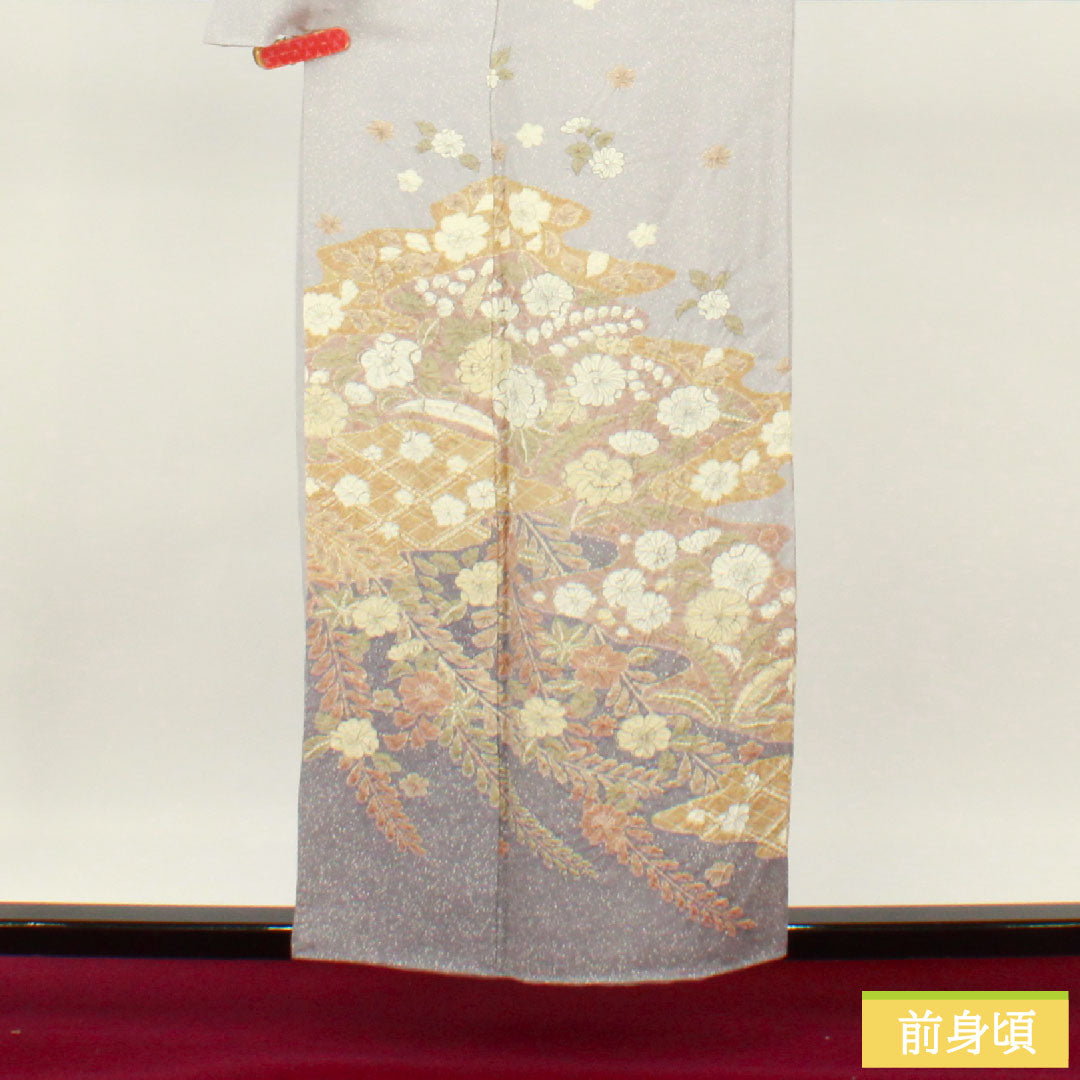 Homongi, pure silk, lined, length 156.5cm, sleeve length 63.5cm, snow color, Tsujigahana, artist's work, A rank, gray, 1112004893322
