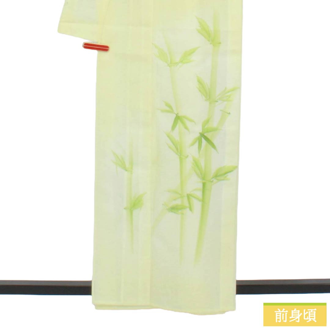 夏物 ポリエステル 訪問着 Aランク 身丈160.5cm 裄丈63cm 白百合色(しらゆりいろ) 竹 付下げ 洗える着物 絽 黄系 1132003453423