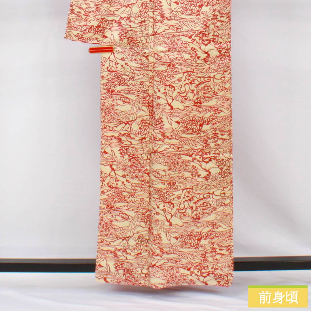 小紋 正絹 身丈162cm 裄丈63cm 袷 東京白茶色(とうきょうしらちゃいろ) 線描き風景画 風景 Sランク クリーム系 1115005222415