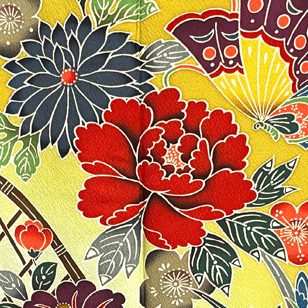 Long-sleeved kimono, length 155.5cm, sleeve length 64.5cm, lined, mustard color, Kyoto Bingata, floral pattern, pure silk, A rank, yellow, 1113000893323