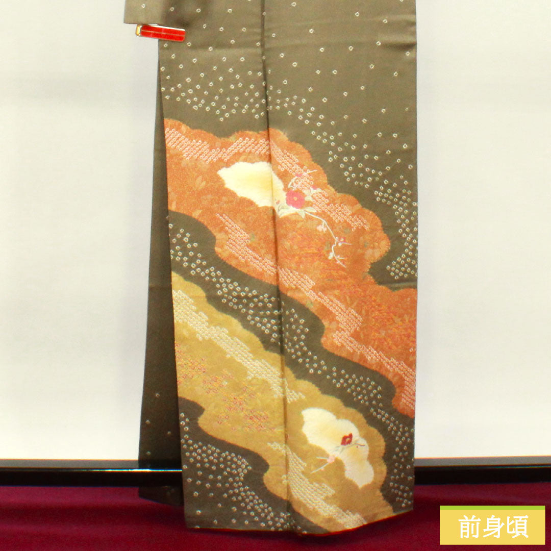 Homongi, pure silk, lined, length 162.5cm, sleeve length 66.5cm, sand color, embroidery, partial tie-dyeing, super bell guard, S rank, gray, 1112003632422