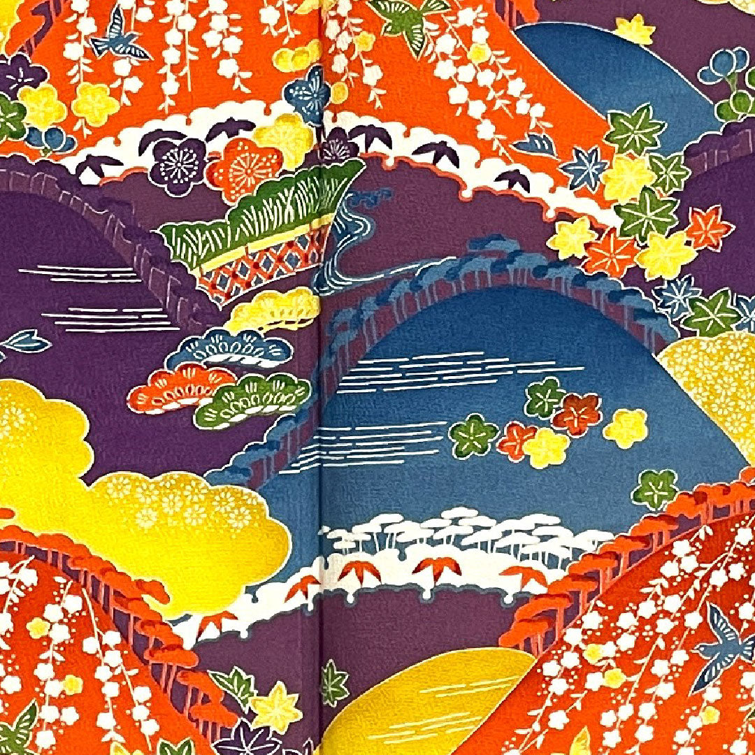 振袖 身丈155cm 裄丈63cm 袷 織葡萄色 型染 遠山 草花模様 正絹 Aランク 紫系 1113000923320