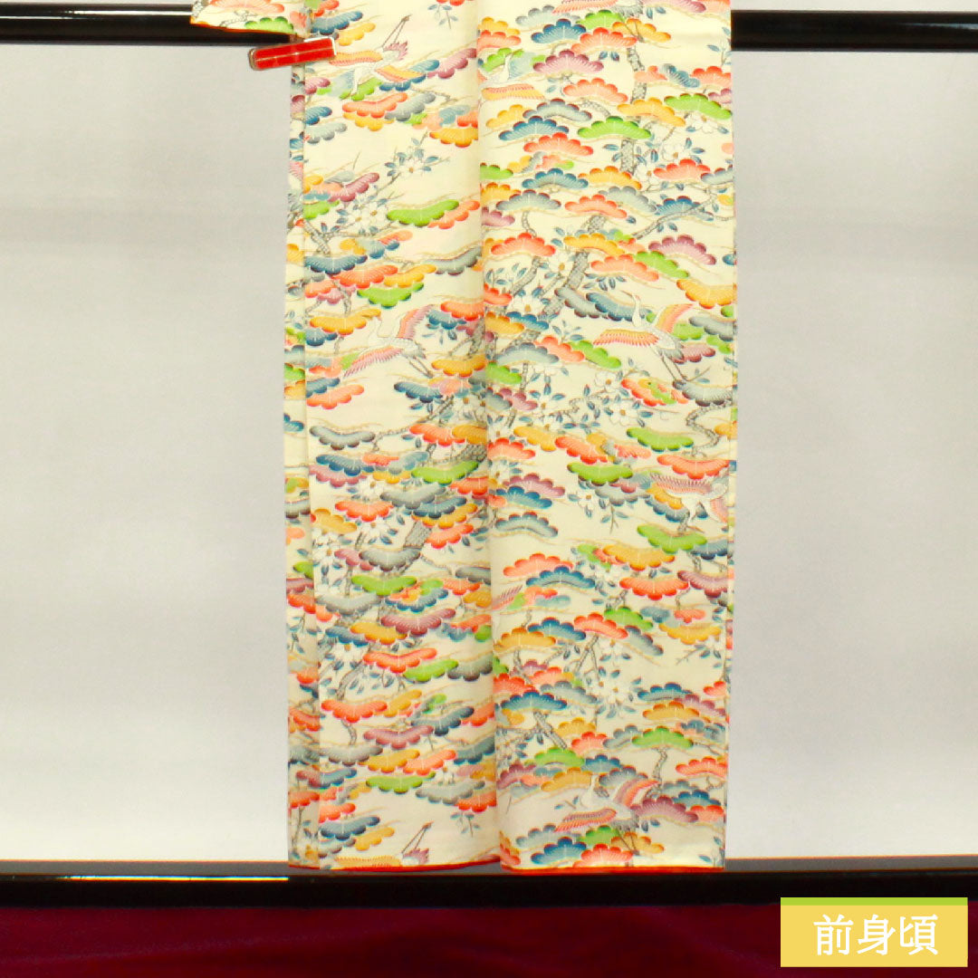 小紋 クリーム系 身丈152.5cm 裄丈67.5cm 袷 乳白色 松 鶴 正絹 Aランク 1115003743215