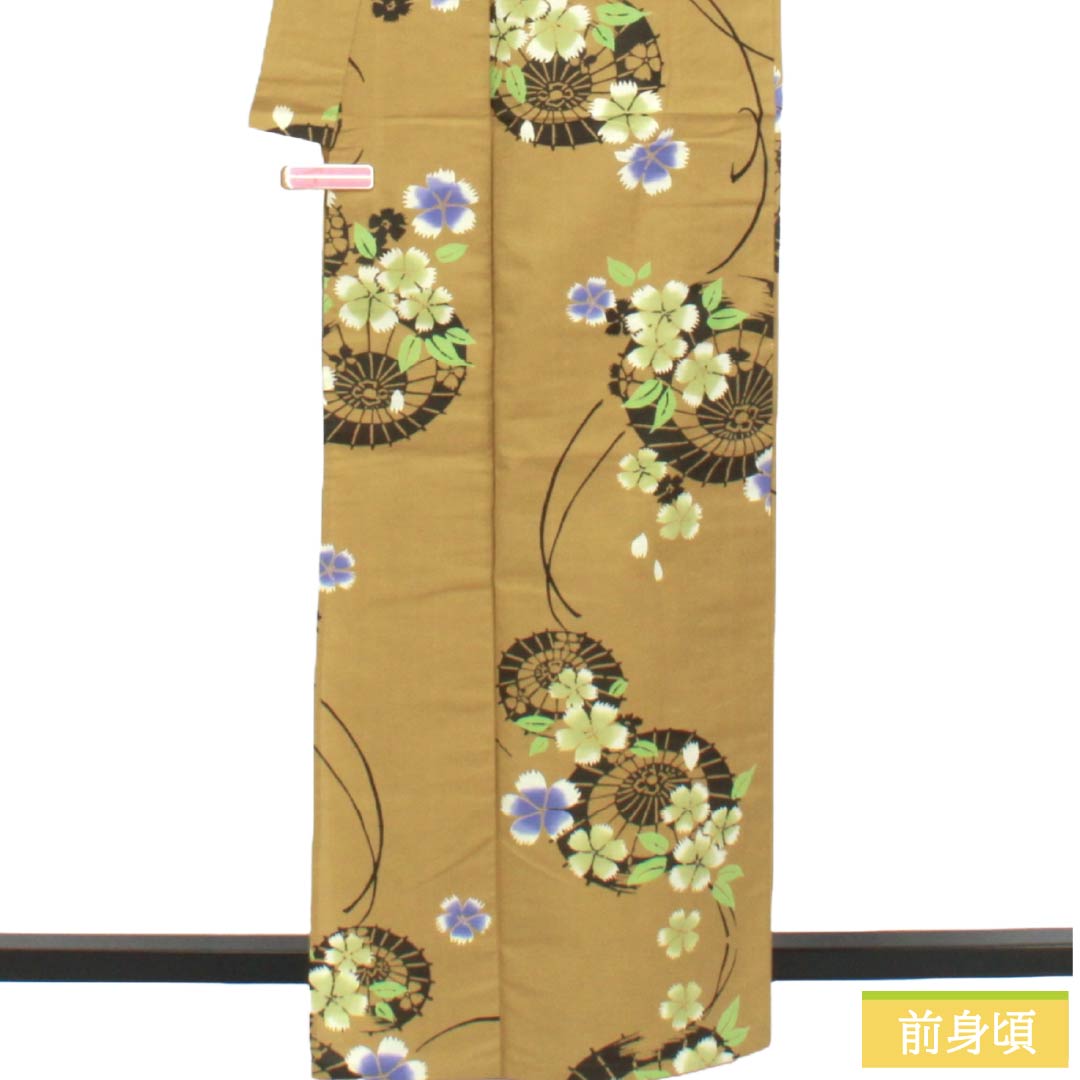 浴衣 木綿 Sランク 身丈162.5cm 裄丈64.5cm 楊梅色(やまももいろ) 山本寛斎 笠 秋桜 単衣 ベージュ系 1118006942425