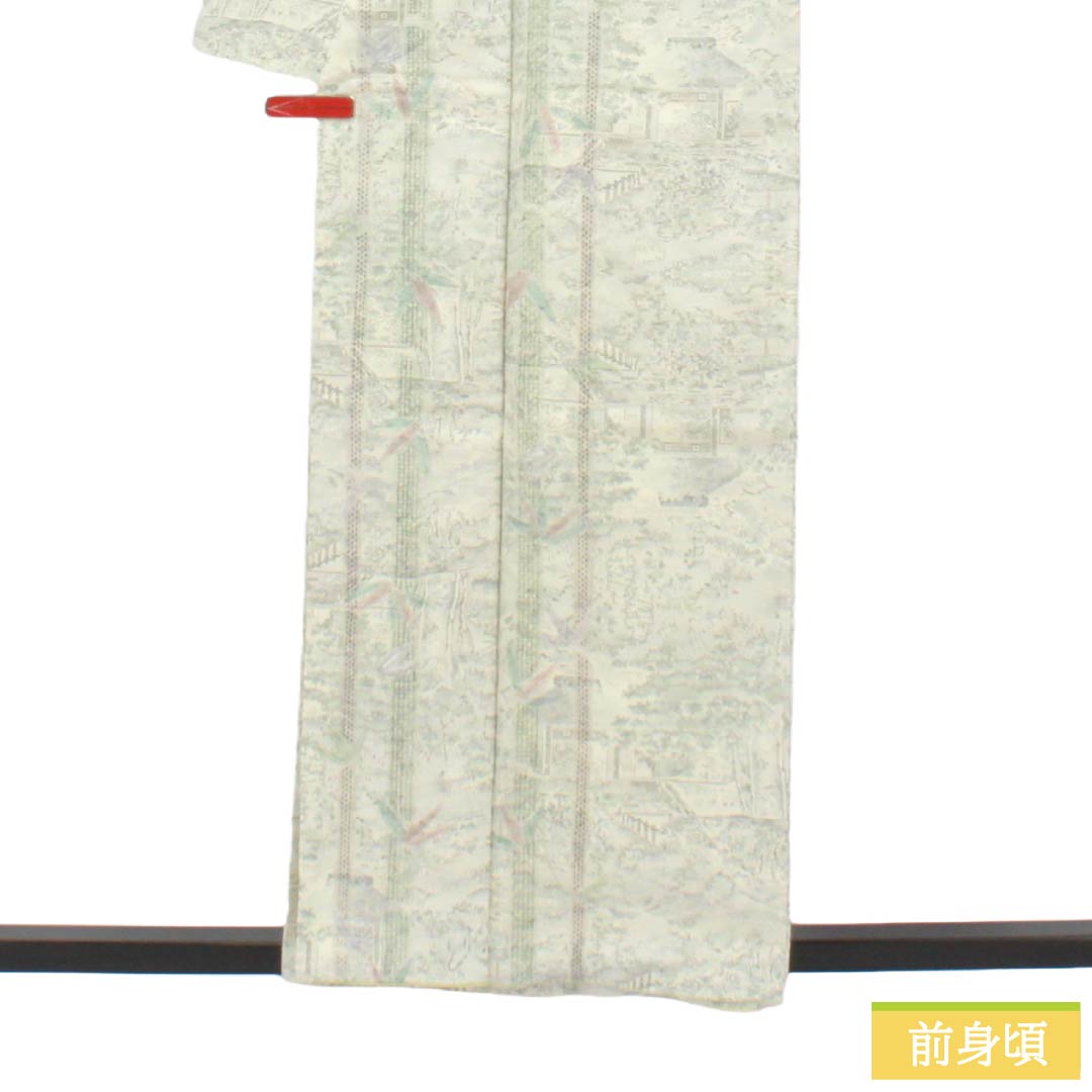 紬 正絹 Aランク 身丈157cm 裄丈62.5cm 白大島 9マルキ 汕頭刺繡 風景模様 袷 白系 1116005253311