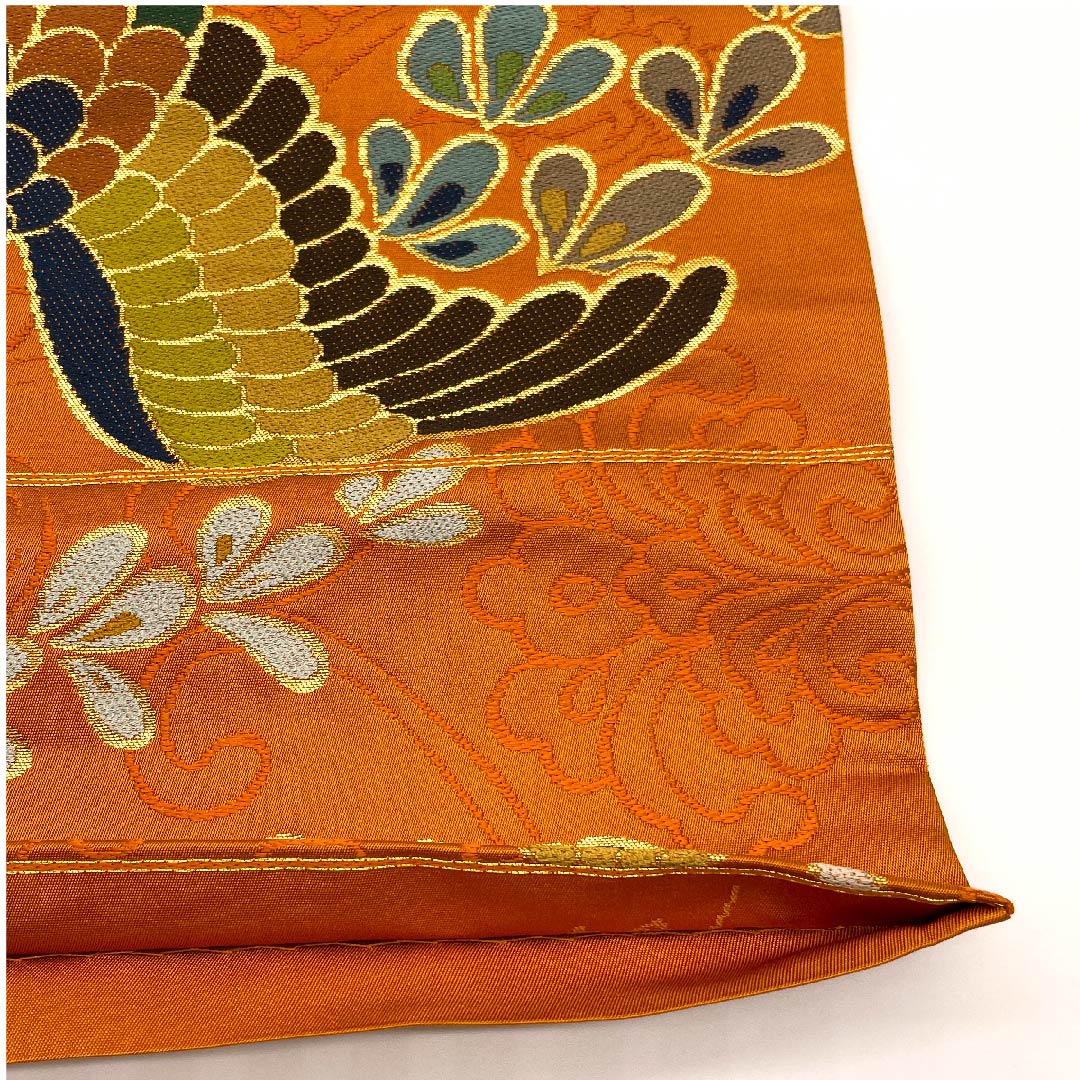 Carrot-colored Fukuro Obi (Bag Belt) with Phoenix Pattern, Shiraayaen Oba, Length 432cm, Pure Silk, S Rank, Six-pass, Formal, Orange, 1123008912326